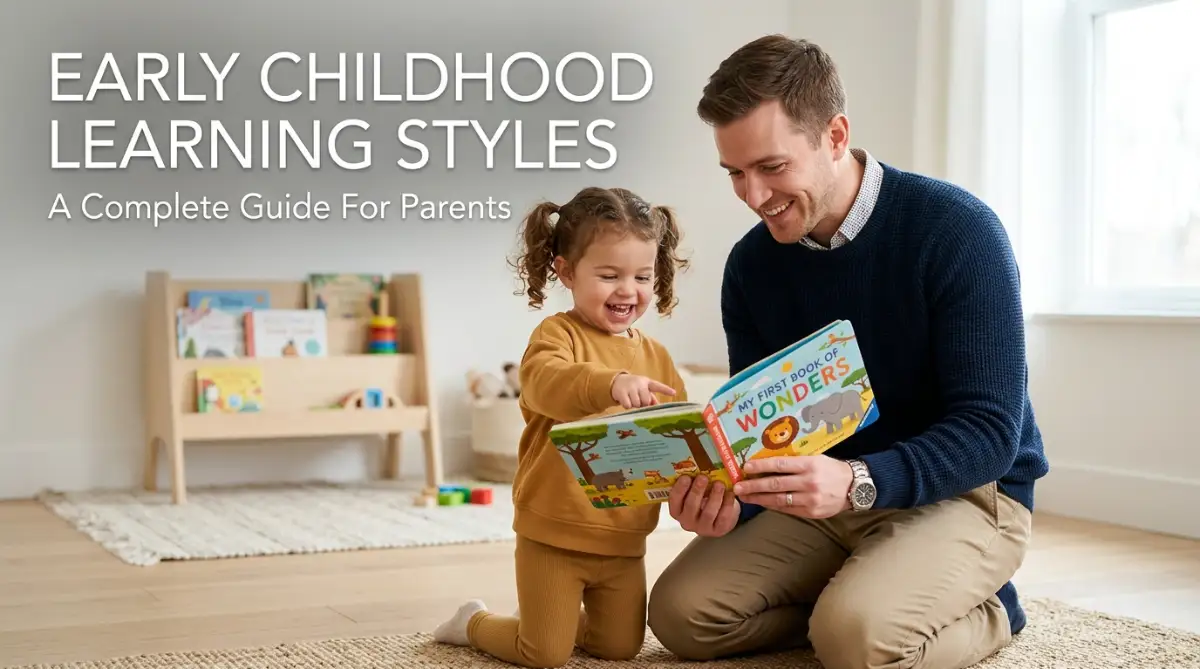 A smiling young father reading a colorful book with his toddler, representing a parent's guide to understanding different early childhood learning styles.