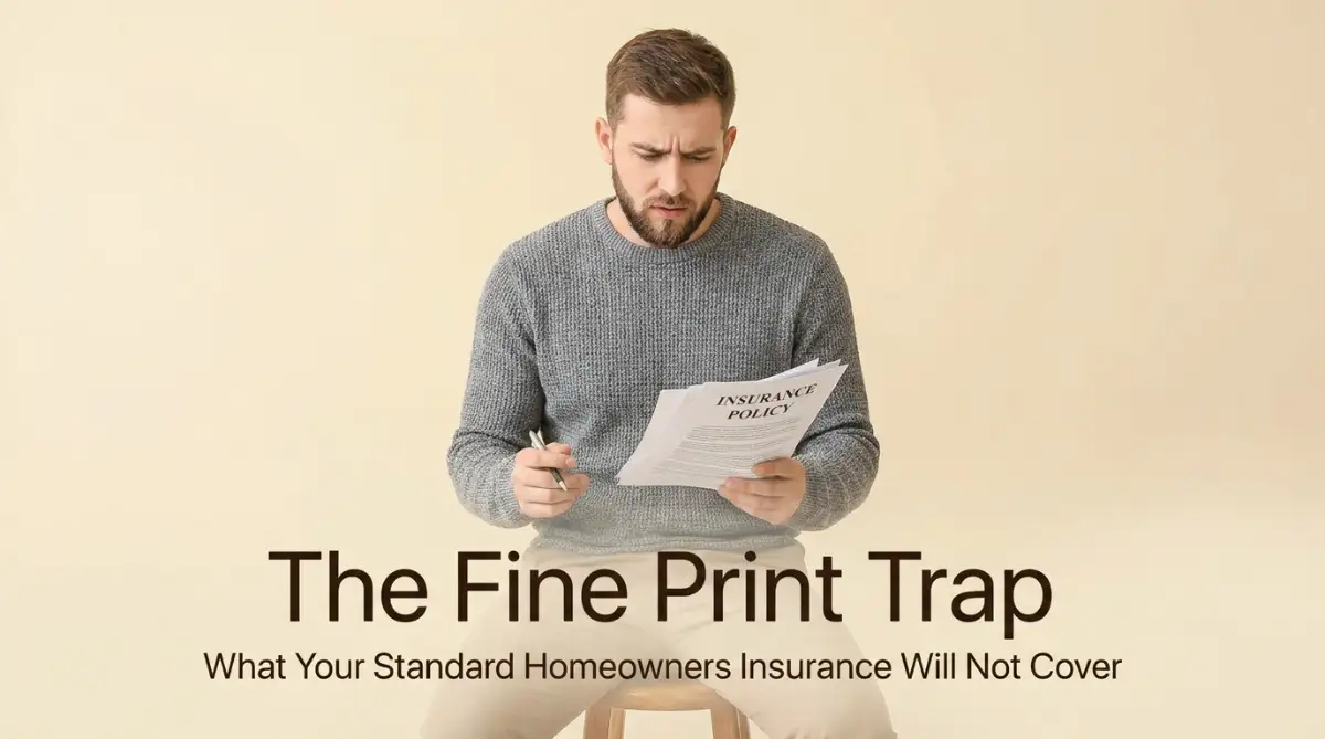 A young man reviews his home insurance policy documents against a clean background, discovering hidden exclusions in standard coverage.