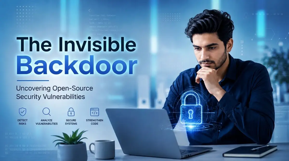 A young male developer analyzes glowing digital security locks, representing the hidden security vulnerabilities in open-source software projects.