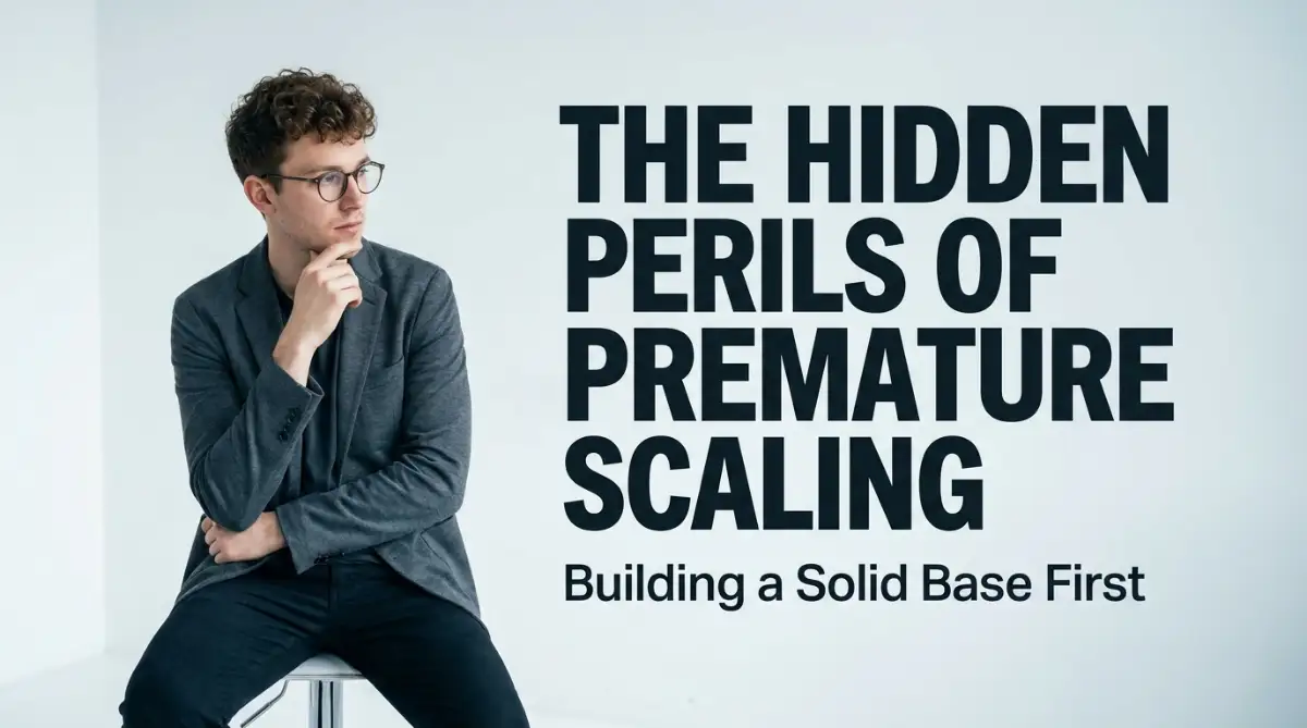 A smart young male entrepreneur standing next to typography that highlights the hidden warning signs of scaling a startup prematurely without a solid base.