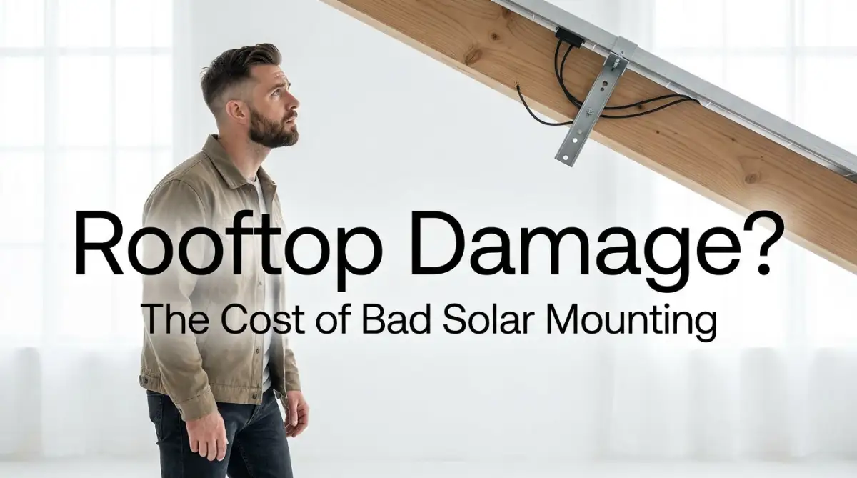 A concerned homeowner looking at a damaged roof rafter, illustrating the silent structural damage caused by improperly mounted rooftop solar panels.