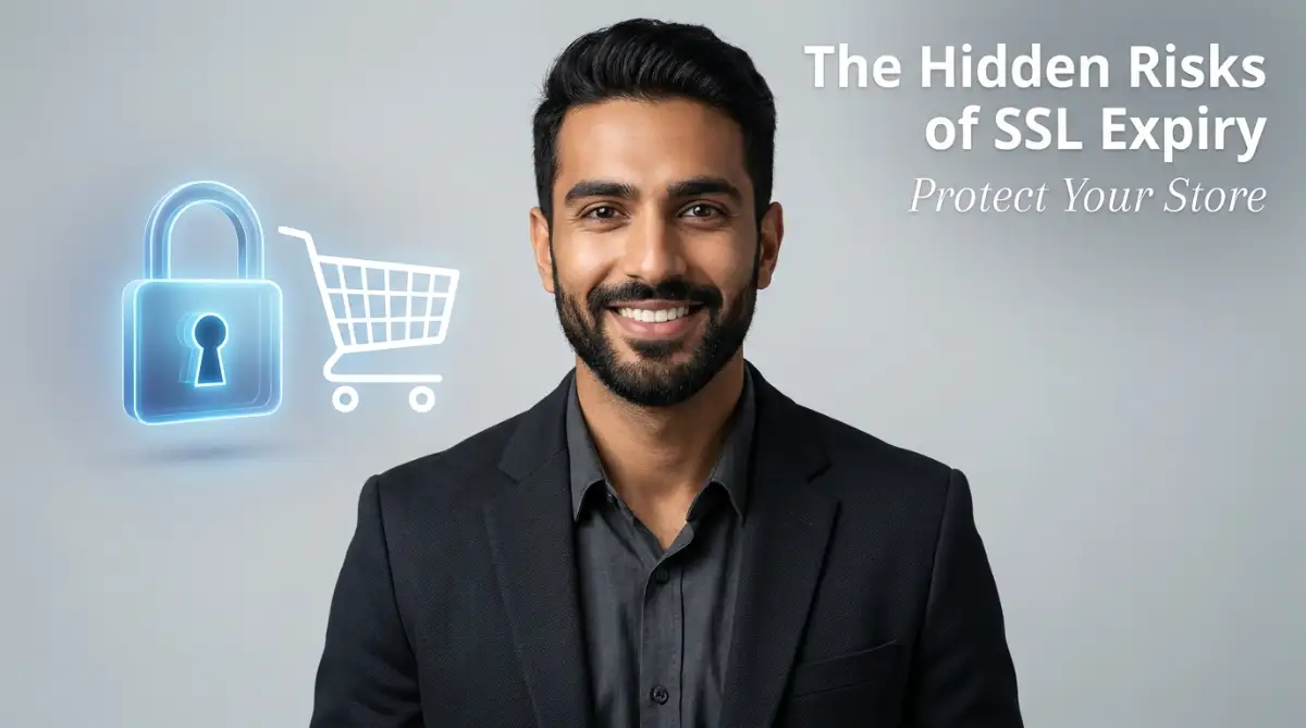 A smart male professional standing next to a glowing padlock icon, representing the hidden risks of an expired SSL certificate on e-commerce websites.